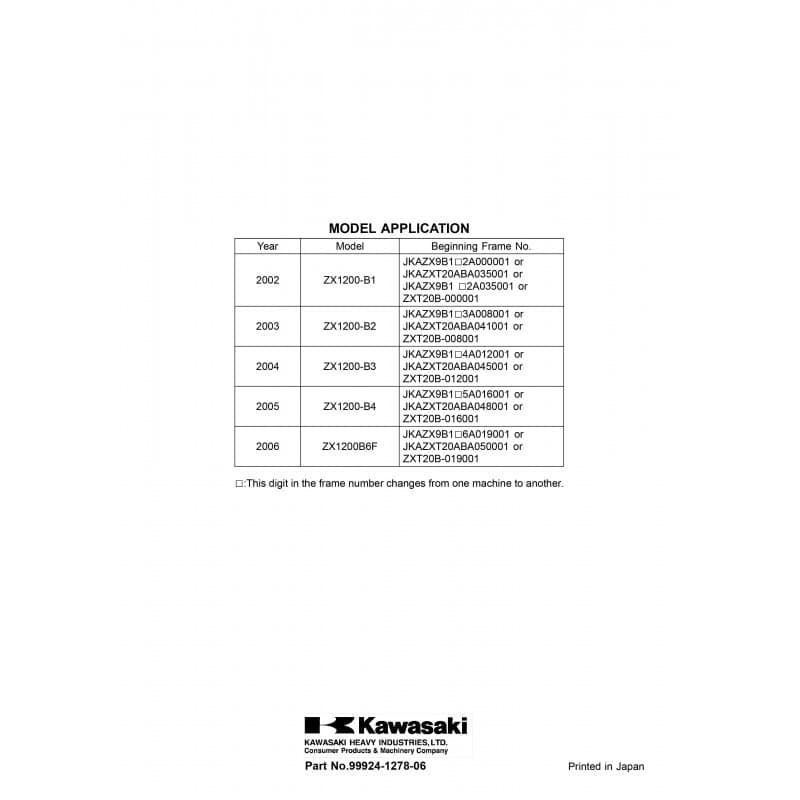 KAWASAKI NINJA ZX-12R De 2002 à 2006 Modèles ZX1200 B1 B2 B3 B4 B6F ...